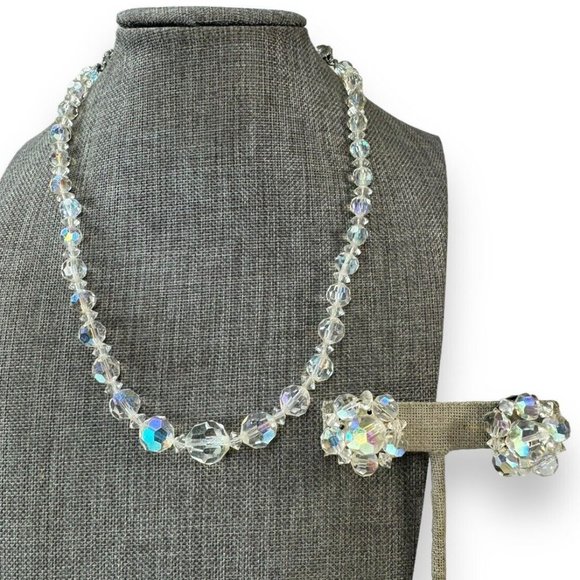 Vintage Aurora Borealis Crystal Necklace 14.5-17” Clip On Cluster Earrings Set - Picture 1 of 7